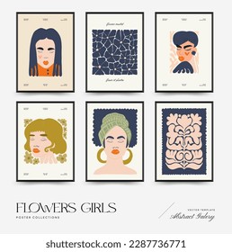 Abstract floral and women posters template. Modern trendy Matisse minimal style. Cute girl and fashion. Hand drawn design for wallpaper, wall decor, print, postcard, cover, template, banner. 