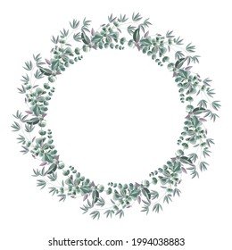 Abstract floral wreath with leaves and branches. Round frame for the greeting cards, invitations, booklets and more. Vector illustration.