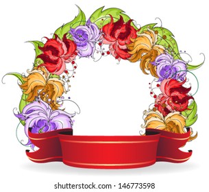 Abstract floral wreath with red ribbon