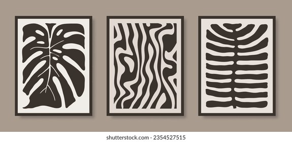 Abstract Floral and Zebra Lines Posters Set. Modern Botanical Prints in Contemporary Minimal Style. Trendy Boho Vector Illustration in Beige and Black Colors for T-Shirts, Wallpaper, Wall Art