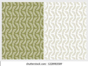 Abstract FloralHand Drawn Twigs Isolated on a Olive Green and White Background. Simple Lovely Repeatable Botanic Design. Twigs, Leaves with Dots.