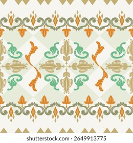 Abstract Florals Pattern Scroll Geometric Ornament Luxury Motif Orange Green Gold on White Background. Delicate Vines Petals Diamond Patter Border for Embroidery Clothes Garment Gypsy Bohemian Fashion