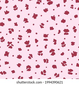 Abstract florals and polka dots seamless repeat pattern. Random placed, vector ditsy daisy botanical minimal print with circles all over surface artwork on light pink background.
