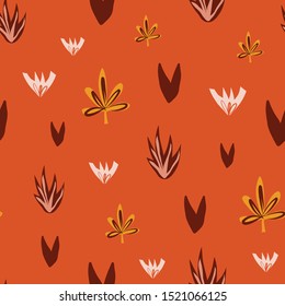 Abstract florals seamless vector doodle background red orange yellow. Flowers and leaves repeating pattern in fall colors. Use for surface pattern design, fabric, Thanksgiving, home decor, gift wrap