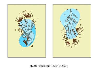 florales abstractos en formas geométricas simples de líneas minimalistas. Elementos botánicos dibujados a mano, conjunto de follaje de esbozo. Botánica natural colorida. Vector