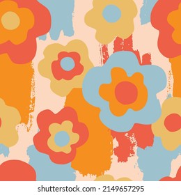 Abstract florals and textures seamless pattern. Hand drawn flowers on grunge background. Big blooming daisy flowers design. Decorative art illustration for wrapping, textile, fabric, wallpaper etc