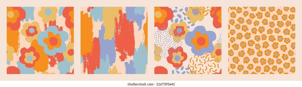 Abstract florals, textures seamless pattern set. Hand drawn flowers, grunge textured background. Pattern design collection. Decorative art illustration for wrapping, textile, fabric, wallpaper