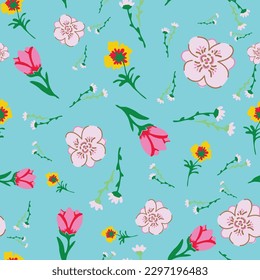 Abstract florals vector repeat pattern on blue background