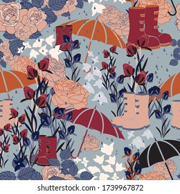 abstract florals wtih umbrellas and rainboots vector seamless repeat pattern.Garden pattern perfect on fabrics and textiles ,wall papers print and packaging