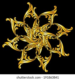 Abstract florid pattern in gold shades on black background