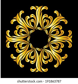Abstract florid pattern in golden colors on black background