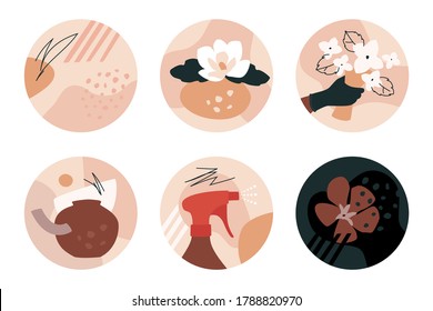 Abstract floristic story highlights set with hand holding bouquet, watering spray, and clay pot. Modern pastel colors.