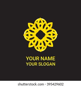 Abstract flourish circle logo in golden colors. Vector monogram, insignia or logotype for your graphic design.