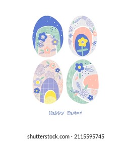 Resumen florecen los huevos de Pascua ilustraciones vectoriales aisladas en blanco. Feliz frase de Pascua. Huevo con flores impresión de postal de vacaciones.