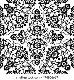 Abstract flourish seamless pattern Floral arabic geometric black and white linear ornament. Stylish abstract ornamental lace background