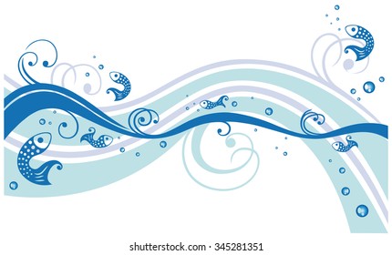 Abstract flourishes with fish, underwater border