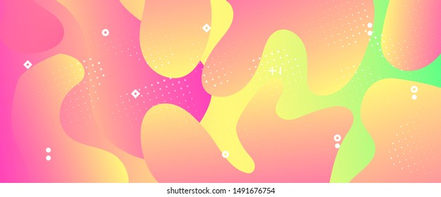Abstract Flow Design. Vivid Gradient Brochure. Dotted Graphic Wallpaper. Futuristic Concept. 3d Fluid Background. Minimal Poster. Vector Illustration. Digital Template. Abstract Wave Shapes.