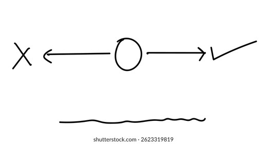 Abstract flow diagram with cross and tick for decision making in hand drawn style
