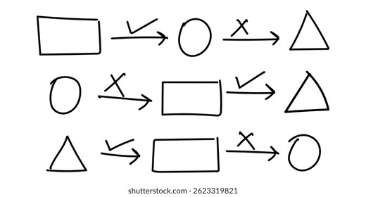 Abstract Flow Diagram with Shapes and Arrows – Rectangle, Circle, Triangle Sequences with Crossed Steps Representing Process, Logic, or System Mapping in Hand-drawn Style