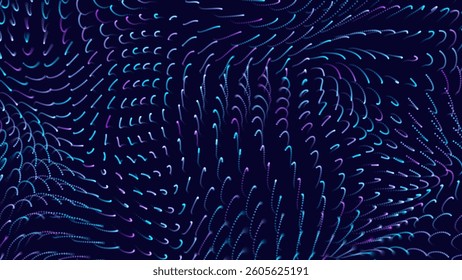 Abstract Flow Field With Dynamic Gradient Lines and Motion Patterns on Dark Background. Data Flow Energy and AI Concepts. Vector Illustration.