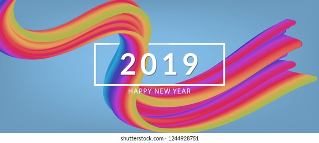 Abstract flow fluid shapes 2019 happy new year. Liquid 3d wave trendy modern style . Blue, yellow and red vibrant color art banner background. Curve concept vector graphic.	