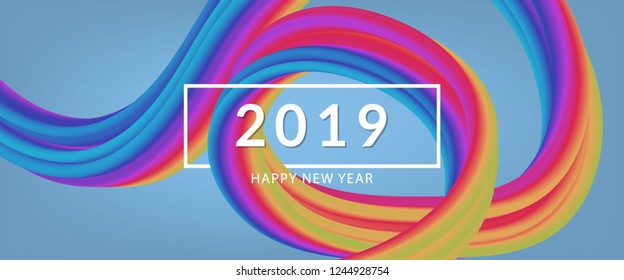 Abstract flow fluid shapes 2019 happy new year. Liquid 3d wave trendy modern style . Blue, yellow and red vibrant color art banner background. Curve concept vector graphic.	