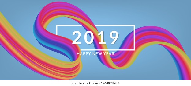 Abstract flow fluid shapes 2019 happy new year. Liquid 3d wave trendy modern style . Blue, yellow and red vibrant color art banner background. Curve concept vector graphic.	