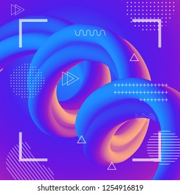 Abstract flow fluid shapes 3D banner. Liquid wave trendy modern style . Colorful vibrant background. Curve concept vector graphic.	