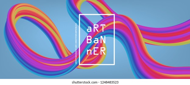 Abstract flow fluid shapes. Liquid 3d wave trendy modern style . Blue, yellow and red vibrant color art banner background. Curve concept vector graphic.	