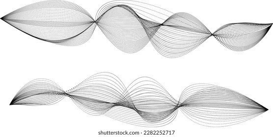 Abstract flow linear halftone dots . Fluid wavy shape .Striped linear pattern . Music sound wave . Vector illustration
