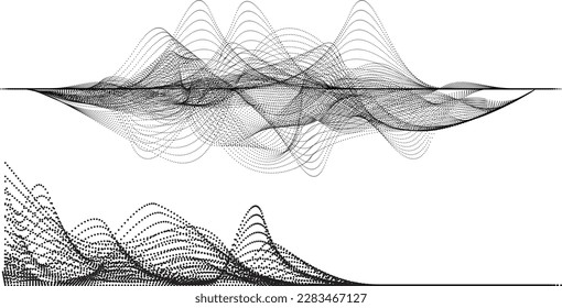Dosis de media tonalidad lineal de flujo abstracto. Forma ondulada fluida .Patrón lineal rayado . Ola de sonido musical. Ilustración del vector