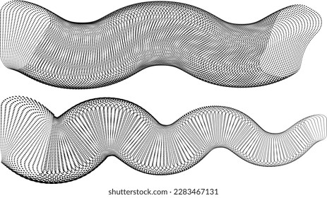 Abstract flow linear halftone dots . Fluid wavy shape .Striped linear pattern . Music sound wave . Vector illustration