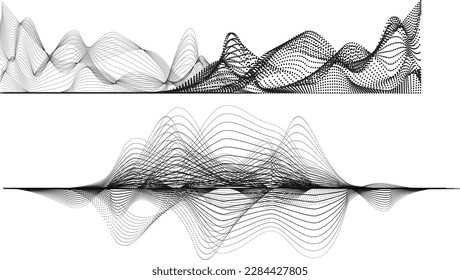 Abstract flow linear halftone dots . Fluid wavy shape .Striped linear pattern . Music sound wave . Vector illustration