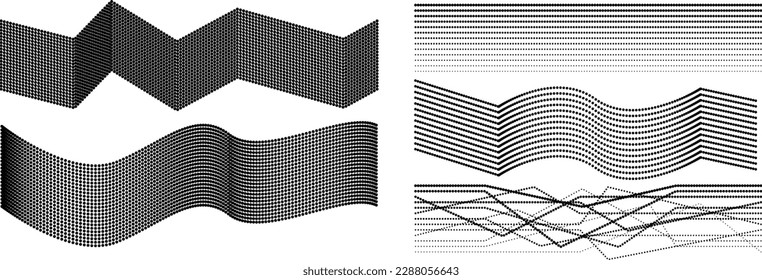 Abstract flow linear halftone dots . Fluid wavy shape .Striped linear pattern . Music sound wave . Vector illustration