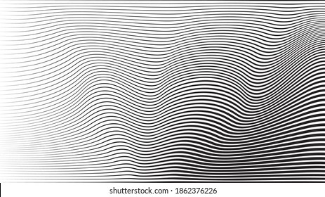 Abstract Flow Lines Background . Fluid Wavy Shape .Striped Linear Pattern . Music Sound Wave . Vector Illustration