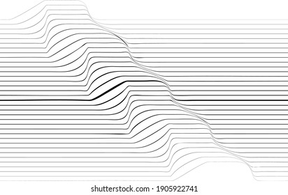Abstract flow lines background . Fluid wavy shape .Striped linear pattern . Music sound wave . Vector illustration