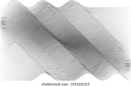 Abstract flow lines background . Fluid wavy shape .Striped linear pattern . Music sound wave . Vector illustration
