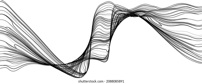 Abstract flow lines background . Fluid wavy shape .Striped linear pattern . Music sound wave . Vector illustration