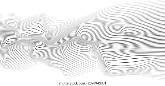 Abstract flow lines background . Fluid wavy shape .Striped linear pattern . Music sound wave . Vector illustration