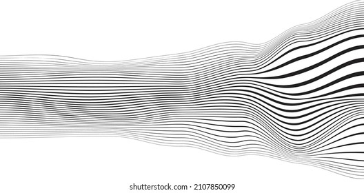 Abstract flow lines background . Fluid wavy shape .Striped linear pattern . Music sound wave . Vector illustration