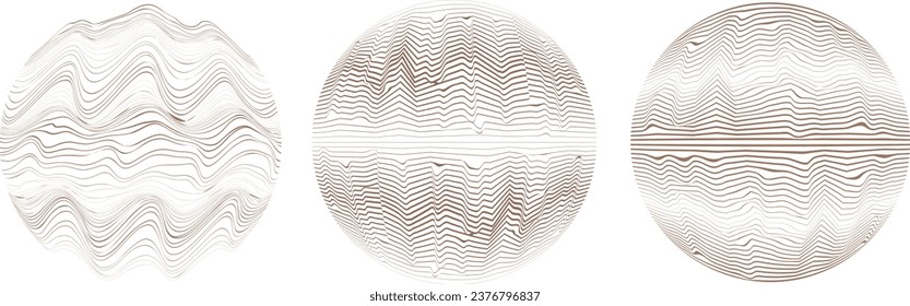 Abstract flow lines background . Fluid wavy shape . Glitched circle design . Striped linear pattern . Music sound wave . Vector illustration