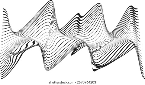 Abstract flow lines background . Fluid wavy shape .Striped linear pattern . Music sound wave . Vector illustration