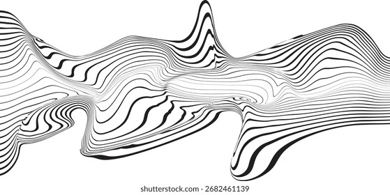 Abstract flow lines background . Fluid wavy shape .Striped linear pattern . Music sound wave . Vector illustration