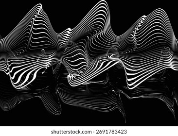 Abstract flow lines background . Fluid wavy shape .Striped linear pattern . Music sound wave . Vector illustration. Print grunge texture