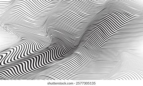 Abstract flow lines background . Optical illusion art .Fluid wavy shape .Striped linear pattern . Op art. Vector illustration
