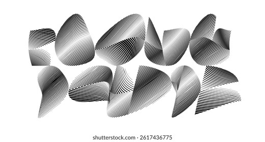 Abstract flow lines design elements . Fluid wavy shape . Glitched circle design . Striped linear objects . . Vector illustration