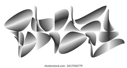 Abstract flow lines design elements . Fluid wavy shape . Glitched circle design . Striped linear objects . . Vector illustration