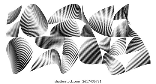 Abstract flow lines design elements . Fluid wavy shape . Glitched circle design . Striped linear objects . . Vector illustration