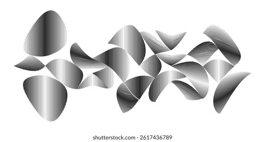 Abstract flow lines design elements . Fluid wavy shape . Glitched circle design . Striped linear objects . . Vector illustration