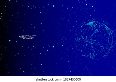 Abstrakte Fließlinien digitale Erdtechnologie, glatter Teilchenwellenhintergrund und Bildschirmhintergrund. Globale Netzwerkverbindung, Social Communications Konzept, Digital-Technologie-Banner.